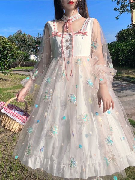 

dressed in korean fairies skirt summer 2021 new loli floral mesh princess square neck candy dress kawaii x1a5, Black;gray