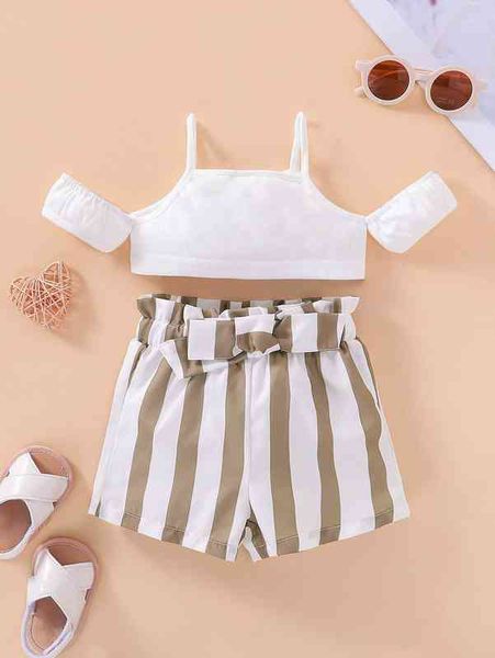 

baby cold shoulder & vertical striped belted shorts she, White