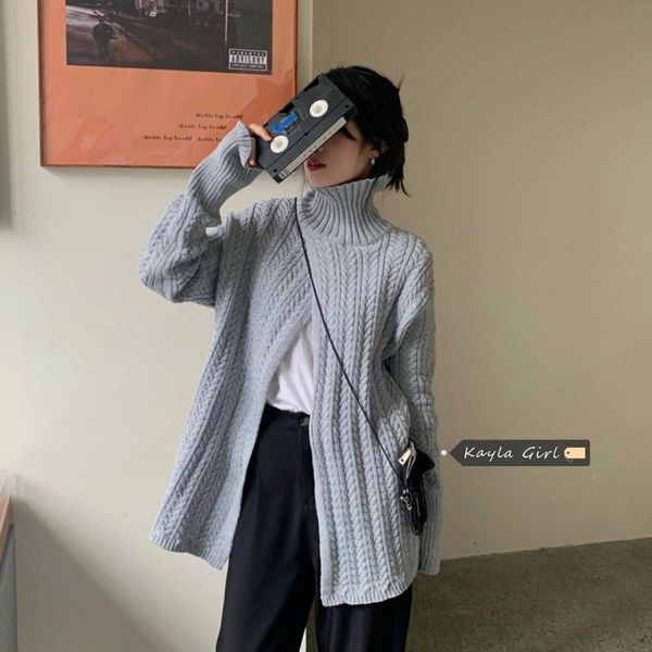 

fashion irregular cardigan sweater women's autumn/winter 2021 new korean high neck loose casual mid-length knit long sleeve top, White;black