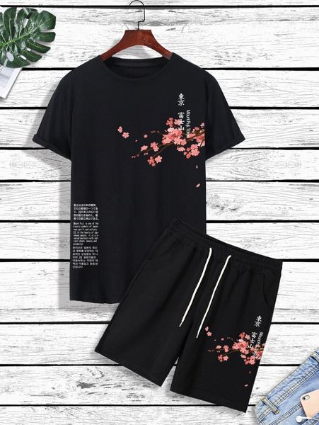 

men japanese letter and floral print tee & drawstring waist shorts n8nm#, Gray