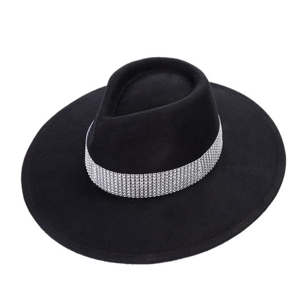 

2021 new style bright diamond band wide brim fedora black wool felt for women winter panama wedding derby church jazz hat k19d, Blue;gray