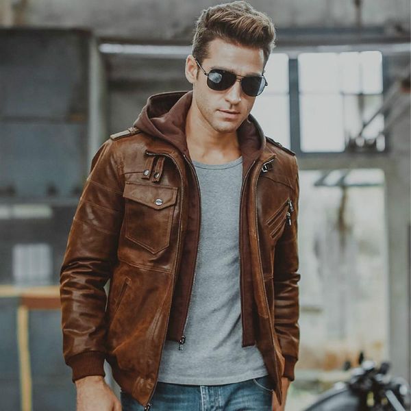 

men's leather & faux big size jacket fashion cool men motorcycle detachable hood winter coat warm, Black