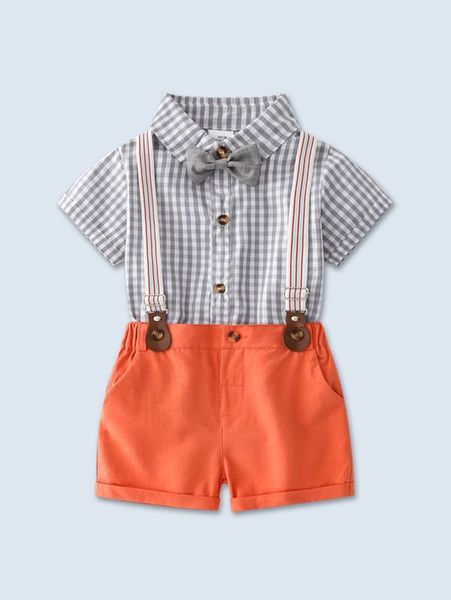 

baby gingham bow front shirt bodysuit & suspender shorts she01, White