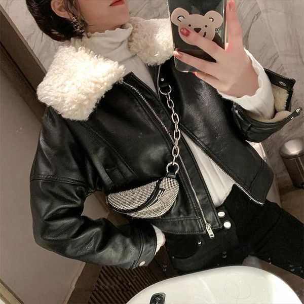

women's leather & faux thick warm winter coat 2021 women fashion black jacket fur collar short elegant ladies parka 3xl