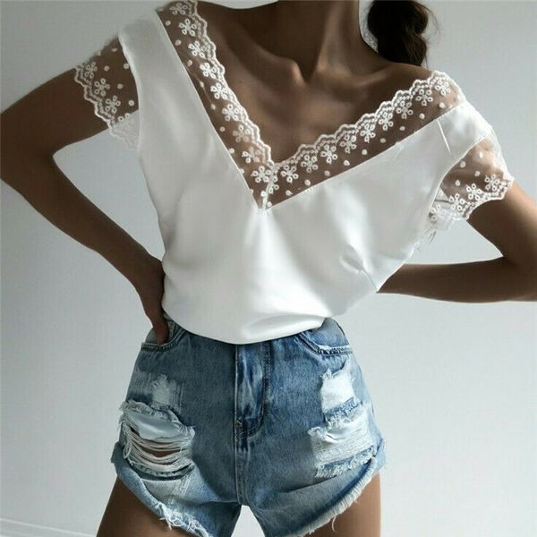 

women short sleeve hollow lace wave deep v-neck summer casual blouse shirt backless loose vest tank, White