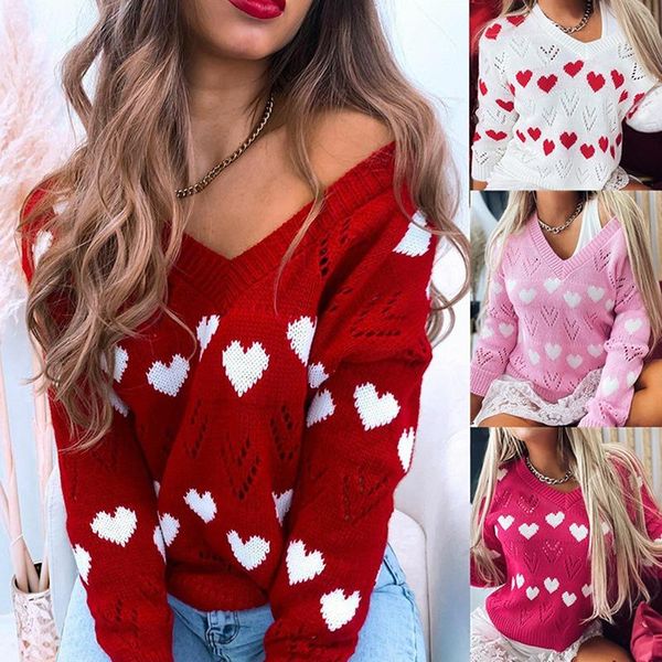 

women's sweaters knitted women sweater for autumn and winter 2021 casual v-neck strapless love hollow elegant pullover, White;black