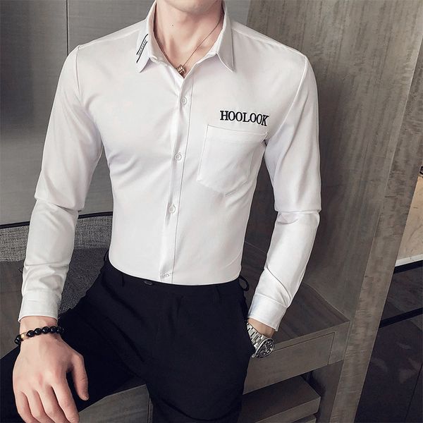 

size new plus 5xl-s carta bordado camisas para roupas masculinas primavera nova manga longa magro ajuste vestido blusa homm 7v6d, Black;brown
