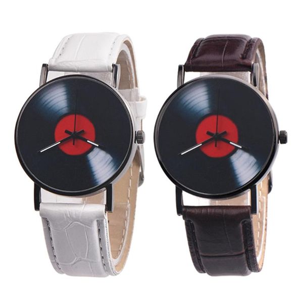 

watch bands frauen nner einfache stil retro rot kreis zifferbla mnner casual vinyl record zifferblaleder analog quarz armbanduhr gesc, Black;brown