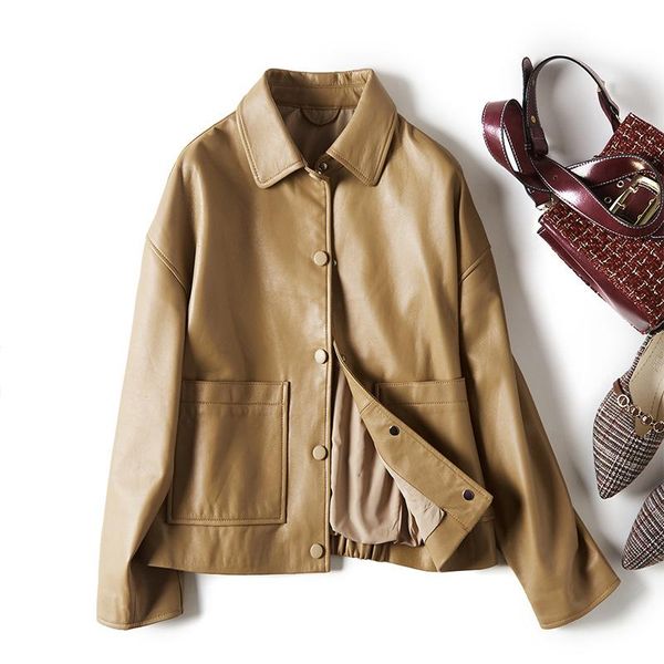 

women's leather & faux genuine jacket women spring 2021 short natural sheepskin coat female casual coats chaqueta cuero mujer pph3869, Black