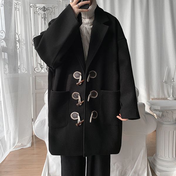

2021 winter plus cotton thick men's warmth fashion retro oversize men long woolen coat mens overcoat dhib, Black