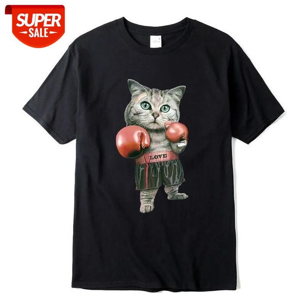

xin yi men's t-shirt 100% cotton funny t shirts boxing cat printing tshirt men tshirt cool t-shirt male tee shirts #0j07, White;black
