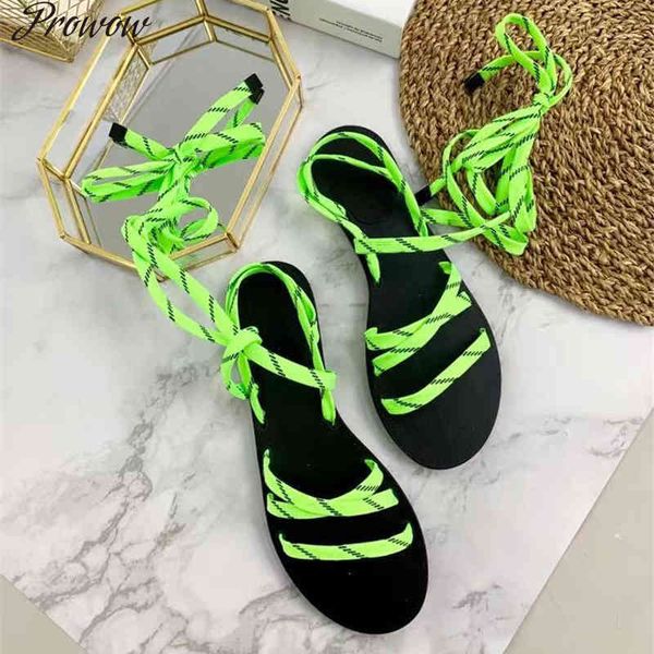 

70% off wholesale flip-flops prowow punk sandal luxury casual flats fashion shoes lace up green ankle strap sandalias leather gladiator sand, Black