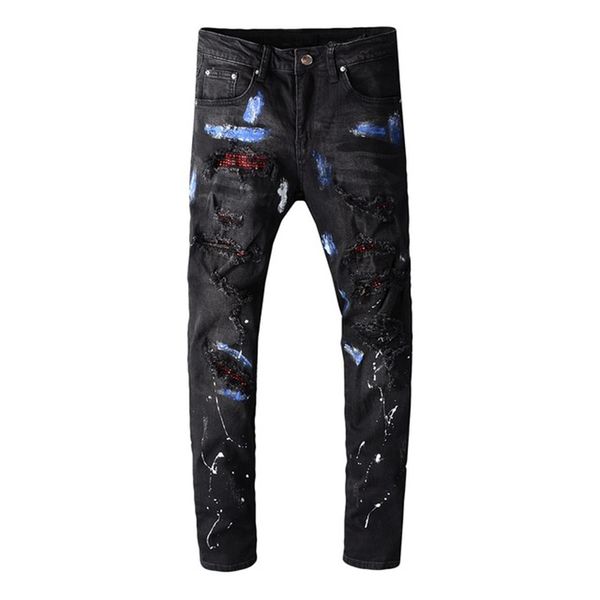 

new blue crystal painted black thin fashion strass holes stretch jeans pants 7735