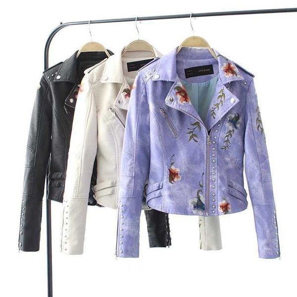 

2020 autumn new style fashion rivet flower embroidery pu jacket long sleeve zipper leather cover p214, Black;brown