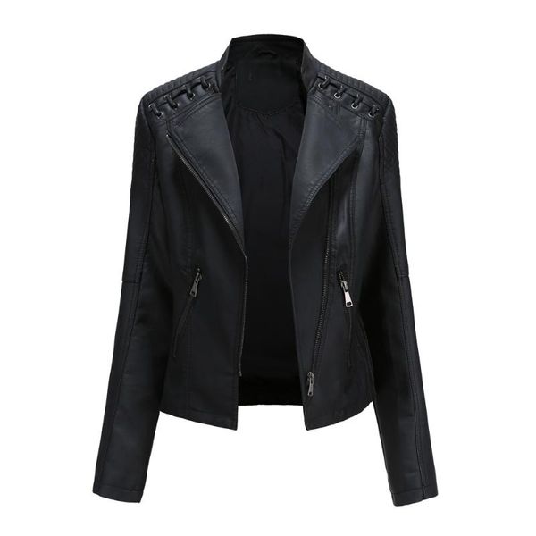 

jacket women faux leather jacket autumn long sleeve lapel neck zip up moto biker short coat with pockets new arrival, Black;brown
