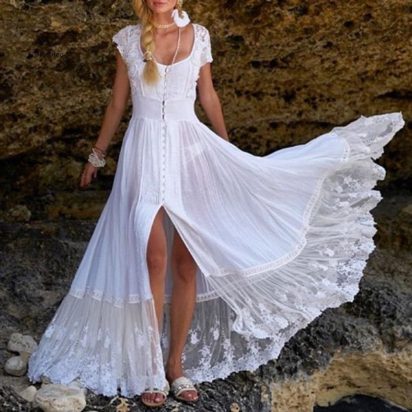 

summer solid color slim long womens dress pretty lace pleated maxi bohemian white, Black;gray