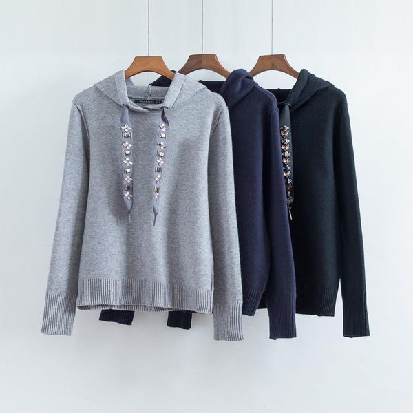 

women's hoodies & sweatshirts 2021 spring sweatshirt female casual beading decoration solid color hooded, Black