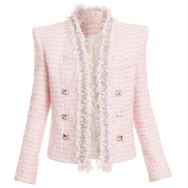 2023 Autunno Autunno Manica lunga Scollo a V Rosa Perline Strass Fibbie Blazer Tweed Blazer doppiopetto Elegante Cappotti capispalla di alta qualità O1O13202 Taglie forti 2XL