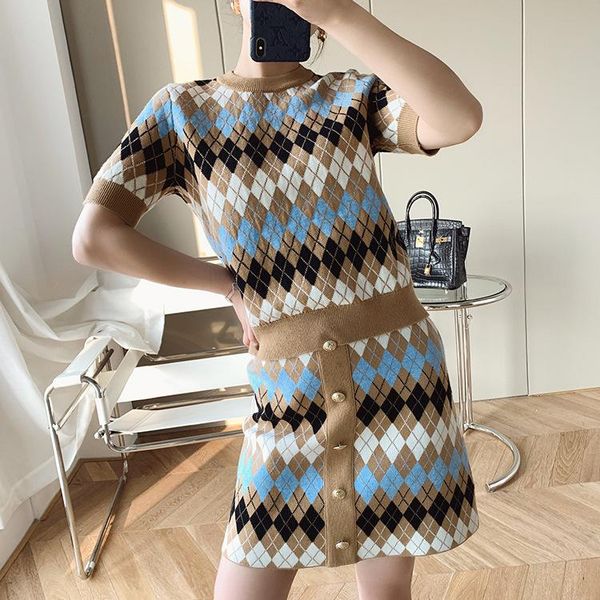 

women's sweaters women sweater 2021 spring / summer school classic jacquard round neck knit + skirt suits, White;black