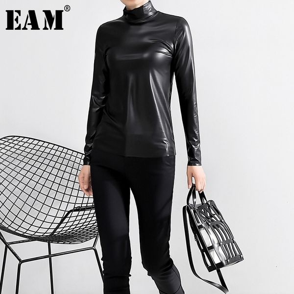 

[eam] women black brief pu leather temperament t-shirt new stand collar long sleeve fashion tide spring autumn 2021 jy93301 210315, White
