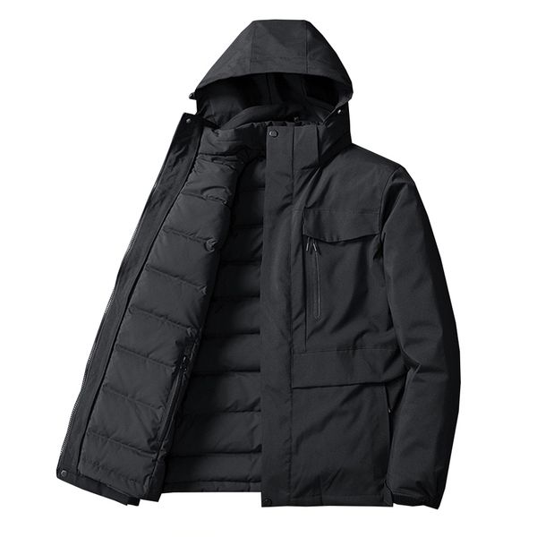 

8xl large men's warm thick raincoat, winter street windproof clothing, hat, Black