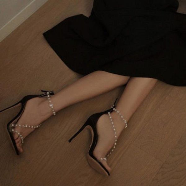 

dress shoes peep-toe pearl transparent one-string sandal heels for women back zipper stiletto, Black