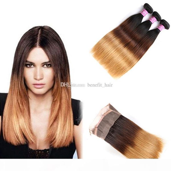 

ombre #1b 4 27 honey blonde silky straight hair bundles with pre plucked 360 full lace band frontal 4pcs lot, Black;brown