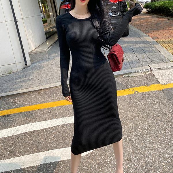 

casual dresses black ribbing knit dress 2021 autumn winter o-neck long sleeve korean fashion slim elegant midi for women robe femme, Black;gray