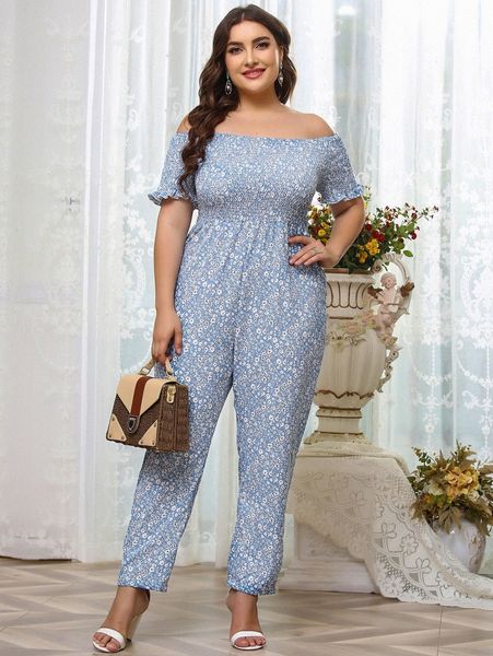 

plus ditsy floral shirred bardot jumpsuit e0r2#, Black