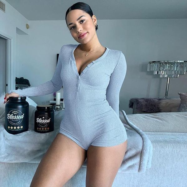 

button v neck knit women romper rib playsuit fitness long sleeve mini biker shorts bodycon body grey rompers womens, Black;white