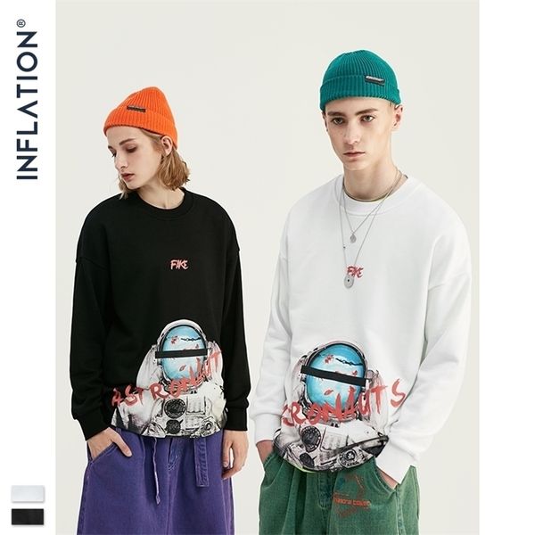 

inflation astronauts print space elements fleece men sweatshirt in white and black men loose fit streetwear men sweatshirt 9621w 201127