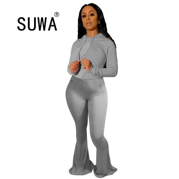 En gros Femmes Vêtements Ensembles Hauts À Capuche Pantalon Large Jambe Flare Stacked Joggers Costume Survêtement Sport Deux Pièces Ensemble Fitness Outfit 210525