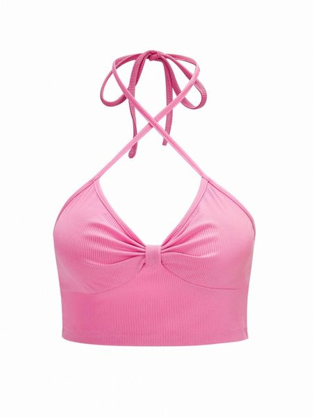 

criss cross ruched bust tie backless halter f74x#, White