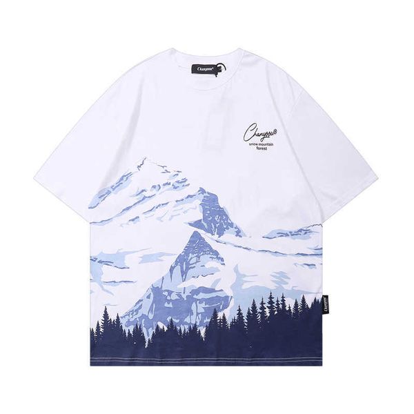 

inschao brand guochao snow mountain printed short t-shirt loose student street hip hop summer men's half sleeve, White;black