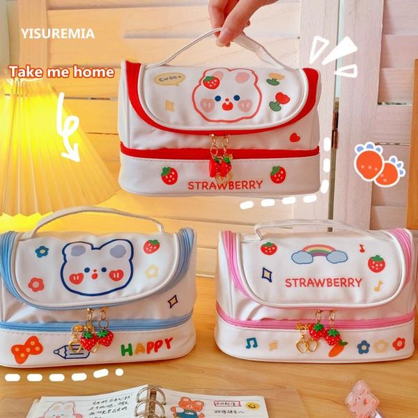 Astucci per matite Yisuremia Kawaii Bag Pen Case 2 Strati Matite ad alta capacità Pouch Free 1PC DIY Sticker School Stationery Girl Gift