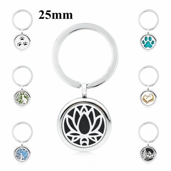 

keychains kme1 lotus flower key chain with 5 pads aroma locket essential oil 25mm perfume diffuser 30mm ring, Silver