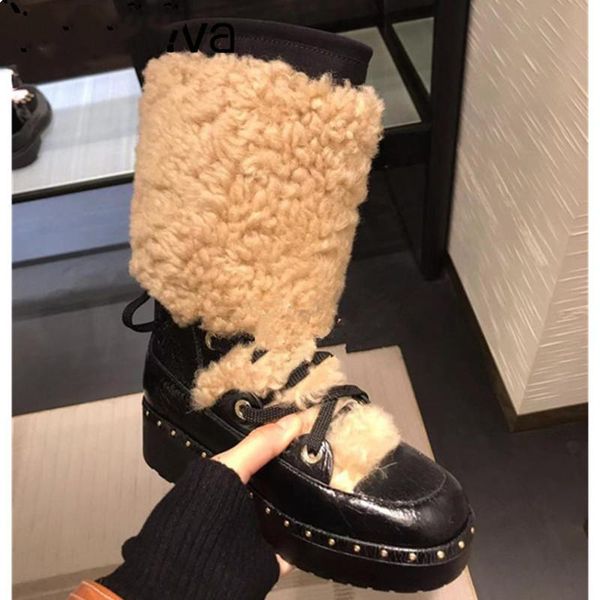 

boots woman shoes wool snow women thick bottom rivet studded short runway platform lace up warm down winter, Black