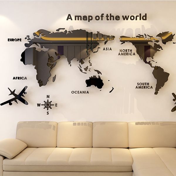 Katı Akrilik Duvar Sticker Dünya Haritası Çıkartmaları Oturma Odası Için 3D Duvar Çıkartmaları Kanepe Backgroud Duvar Büyük Duvar Kağıdı Ev Dekorasyonu için 210308