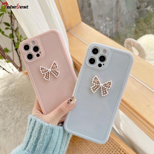 

tobe pearl rhinestone bow pink phone cases for 12 pro max 11 12mini x xs xr 7 8 plus se 2021 soft tpu back cover cell1