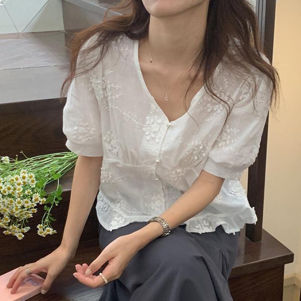 

women's blouses & shirts summer style french blouse female v-neck chic button jacquard blusa embroidery loose puff sleeve short shirt k, White