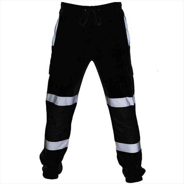 

reflective work patchwork cargo women pants striped drawstring clothing casual trousers sport male, Black