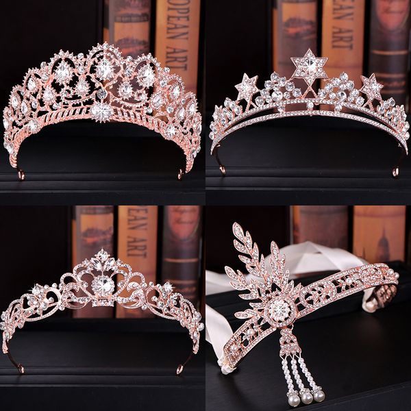 

luxury rose gold tiaras and crowns for women crystal pearls hair jewelry queen diadems bridal headbands wedding hair accessories j0121, Slivery;golden