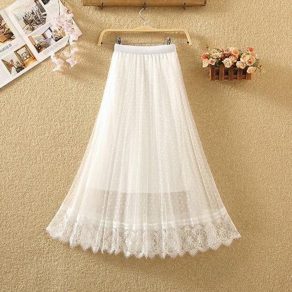 

skirts polka dot pleated skirt medium length women's high waist in autumn and winter with fairy yarn a-line long, Black