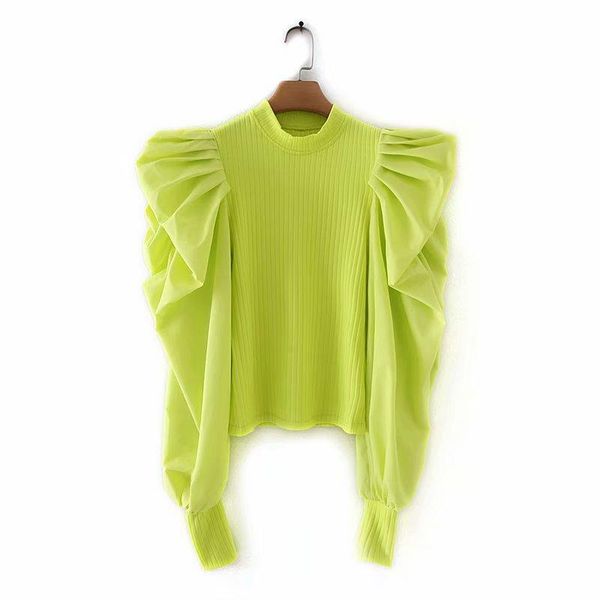 

women's blouses & shirts women solid color pleats cascading ruffles patchwork knitted casual slim blouse chic blusas femininas ls4253, White