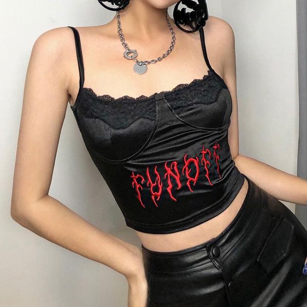 

women's tanks & camis letters embroidery slim fit cropped spaghetti straps camisole women gothic streetwear vintage lace patchwork, White