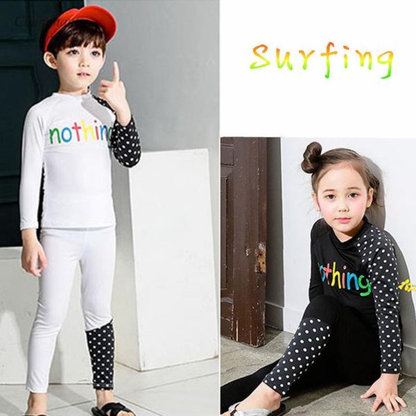

bikinis set 2021 model 2-10 y girl boy rash guard long sleeve child two piece swimwear white and black with dots swimsuit bathing suit