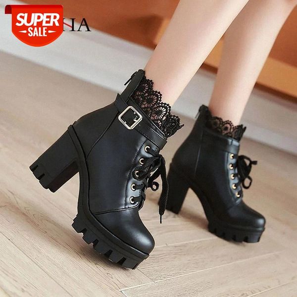 

pu leather warm winter boots women 2021 fashion high heel women boots lace up winter shoes woman casual shoes female botas #hl6t, Black