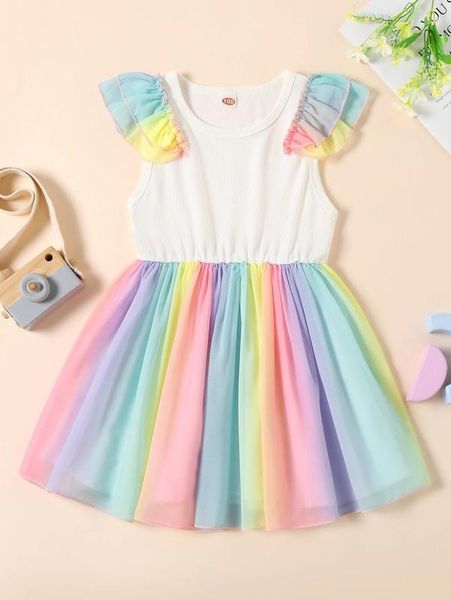 

toddler girls contrast colorblock mesh ruffle trim dress she, Red;yellow