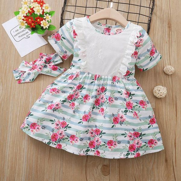 

girl's dresses mini princess dress clothing for toddler baby kids girls 2021 summer short sleeve floral stripe above knee headbands out, Red;yellow