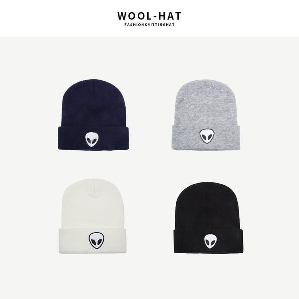 

beanie/skull caps winter ladies sleeve cap alien embroidery street dance warm couple knitted hat, Blue;gray